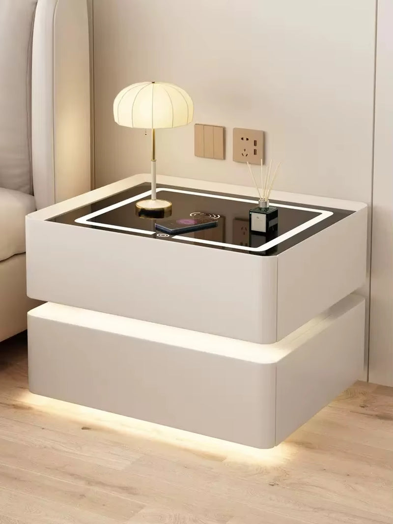 Modern Style Solid Wood Bedside Table with Wireless Charging Smart 2 Drawers Bedroom Nightstands with Lock 40Cm